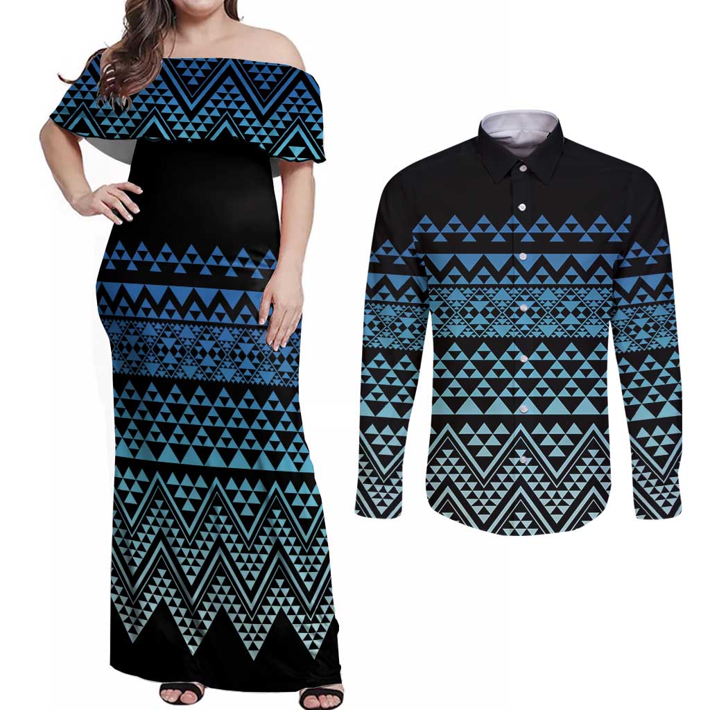 Maori Niho Taniwha Te Wheiao Couples Matching Off Shoulder Maxi Dress and Long Sleeve Button Shirt Moana Blue - Polynesian Pride