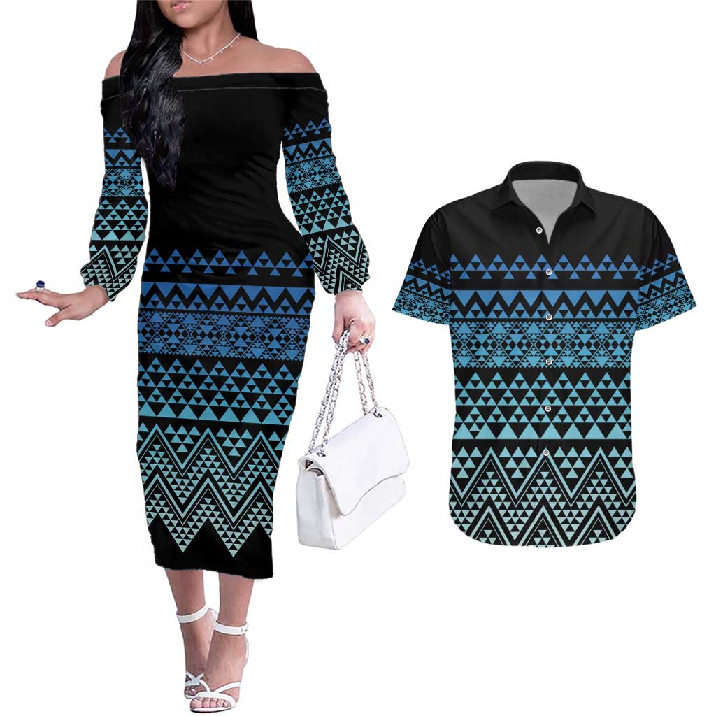 Maori Niho Taniwha Te Wheiao Couples Matching Off The Shoulder Long Sleeve Dress and Hawaiian Shirt Moana Blue - Polynesian Pride