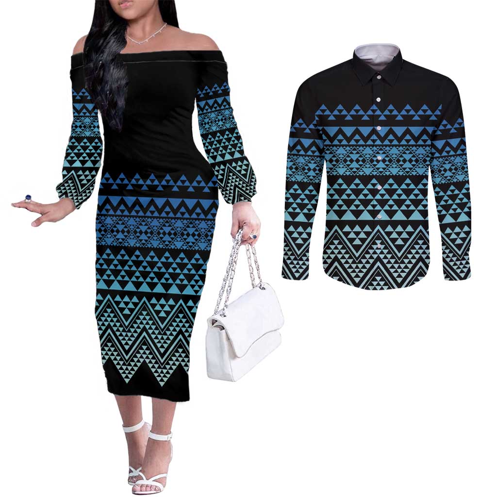 Maori Niho Taniwha Te Wheiao Couples Matching Off The Shoulder Long Sleeve Dress and Long Sleeve Button Shirt Moana Blue - Polynesian Pride