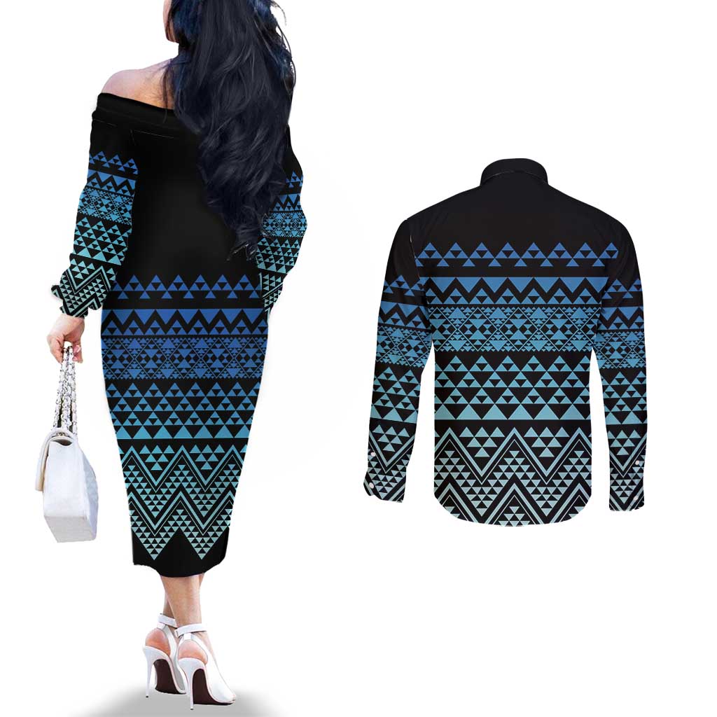 Maori Niho Taniwha Te Wheiao Couples Matching Off The Shoulder Long Sleeve Dress and Long Sleeve Button Shirt Moana Blue - Polynesian Pride