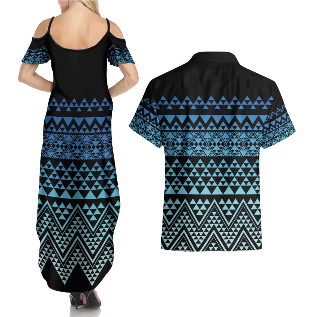 Maori Niho Taniwha Te Wheiao Couples Matching Summer Maxi Dress and Hawaiian Shirt Moana Blue - Polynesian Pride