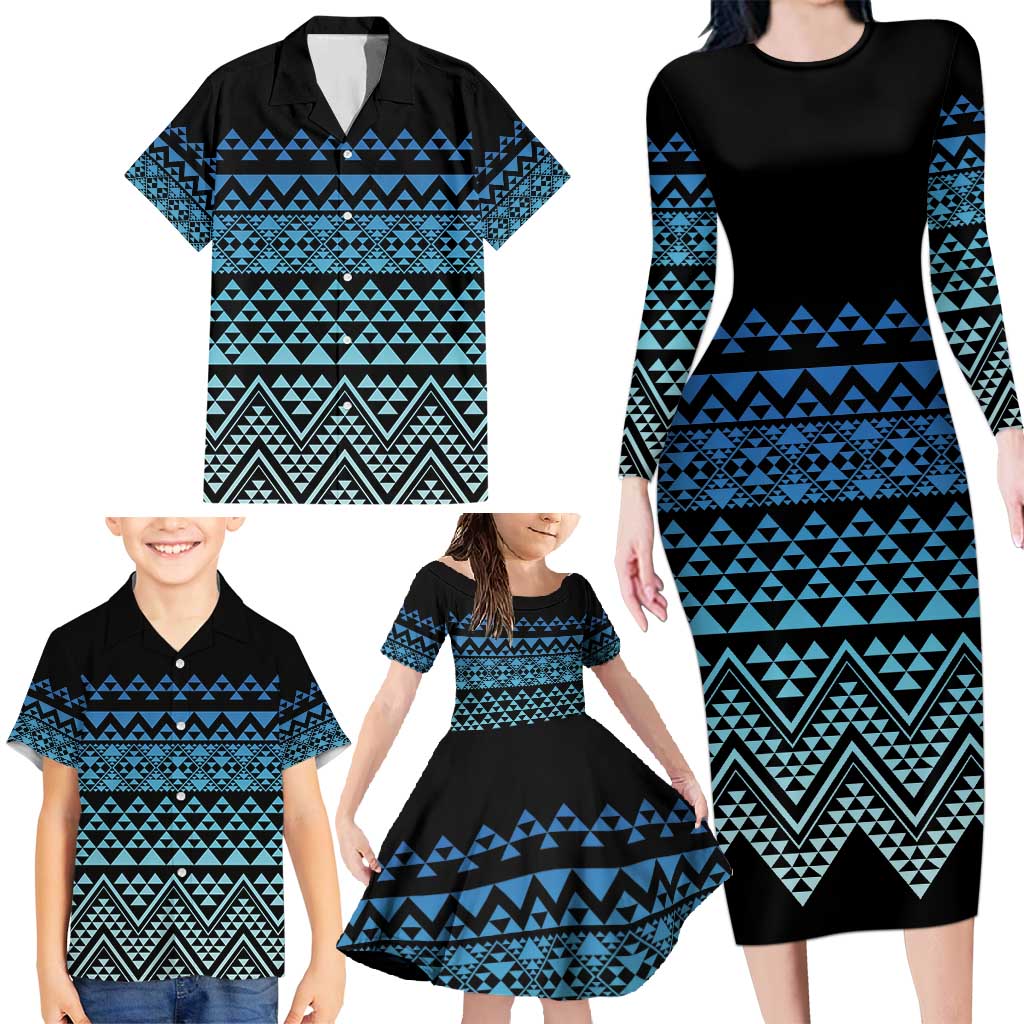 Maori Niho Taniwha Te Wheiao Family Matching Long Sleeve Bodycon Dress and Hawaiian Shirt Moana Blue LT7 - Polynesian Pride