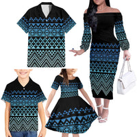 Maori Niho Taniwha Te Wheiao Family Matching Off The Shoulder Long Sleeve Dress and Hawaiian Shirt Moana Blue - Polynesian Pride