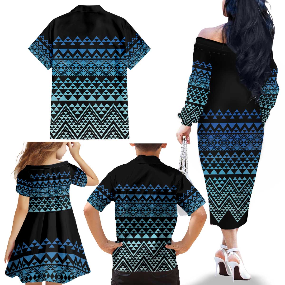 Maori Niho Taniwha Te Wheiao Family Matching Off The Shoulder Long Sleeve Dress and Hawaiian Shirt Moana Blue - Polynesian Pride