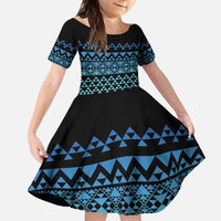 Maori Niho Taniwha Te Wheiao Family Matching Short Sleeve Bodycon Dress and Hawaiian Shirt Moana Blue LT7 Daughter's Dress Blue - Polynesian Pride