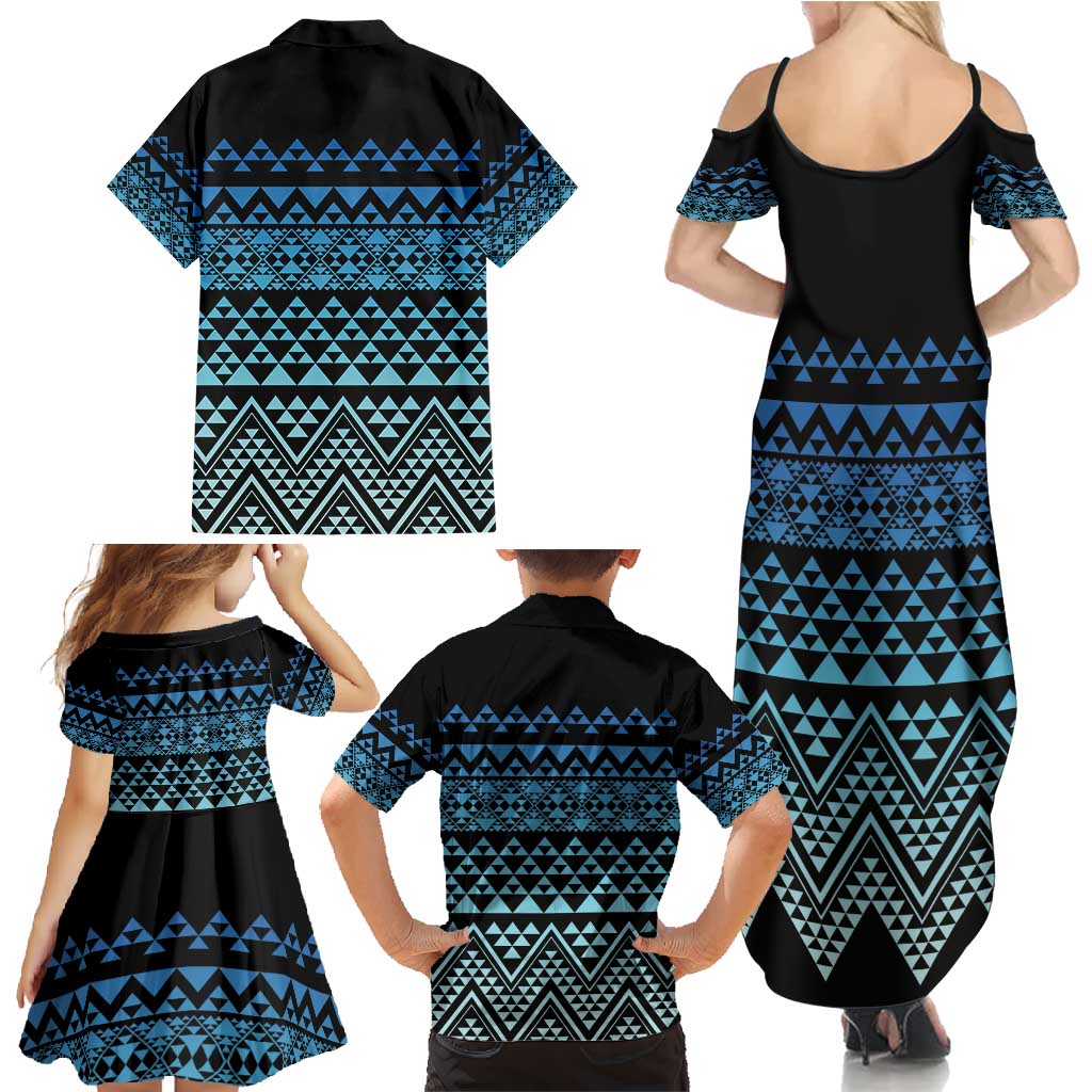 Maori Niho Taniwha Te Wheiao Family Matching Summer Maxi Dress and Hawaiian Shirt Moana Blue - Polynesian Pride