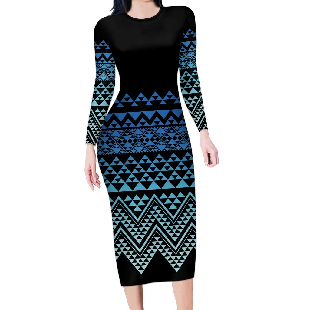 Maori Niho Taniwha Te Wheiao Long Sleeve Bodycon Dress Moana Blue - Polynesian Pride