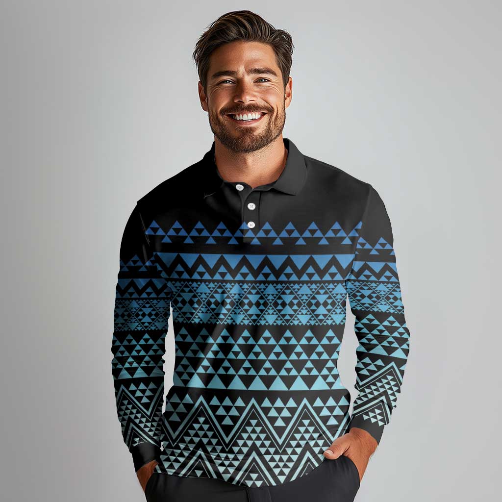 Maori Niho Taniwha Te Wheiao Long Sleeve Polo Shirt Moana Blue - Polynesian Pride