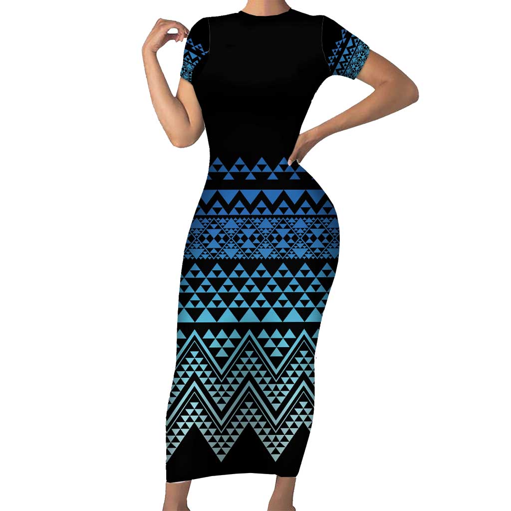 Maori Niho Taniwha Te Wheiao Short Sleeve Bodycon Dress Moana Blue - Polynesian Pride