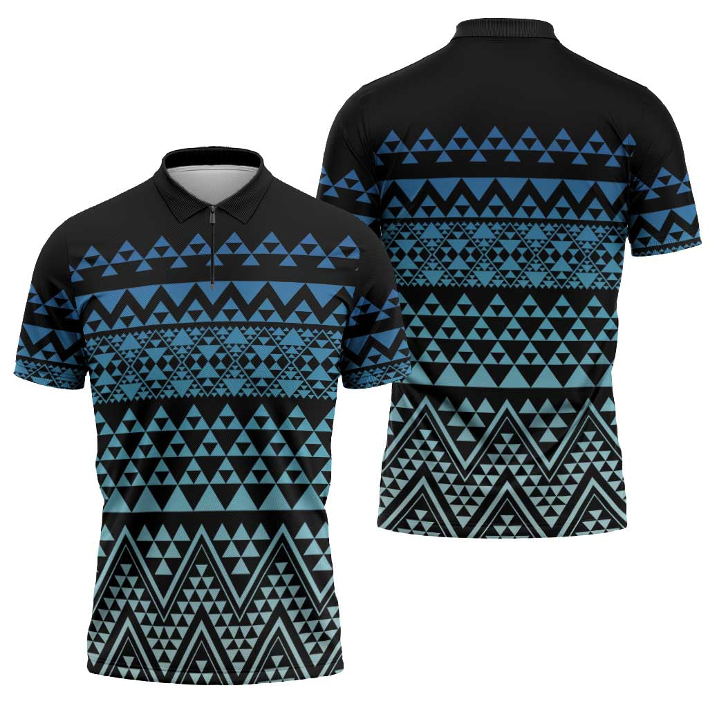 Maori Niho Taniwha Te Wheiao Zipper Polo Shirt Moana Blue - Polynesian Pride