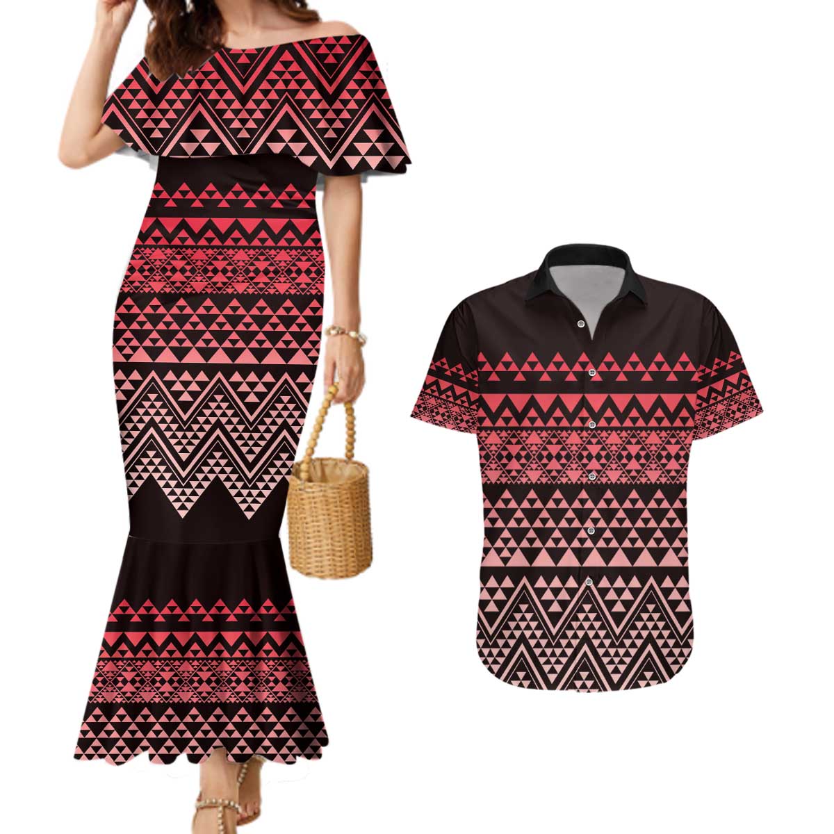 Maori Niho Taniwha Te Wheiao Couples Matching Mermaid Dress and Hawaiian Shirt Terracotta - Polynesian Pride