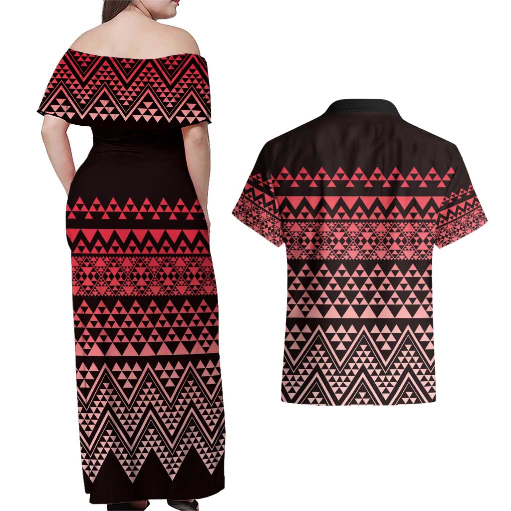 Maori Niho Taniwha Te Wheiao Couples Matching Off Shoulder Maxi Dress and Hawaiian Shirt Terracotta - Polynesian Pride