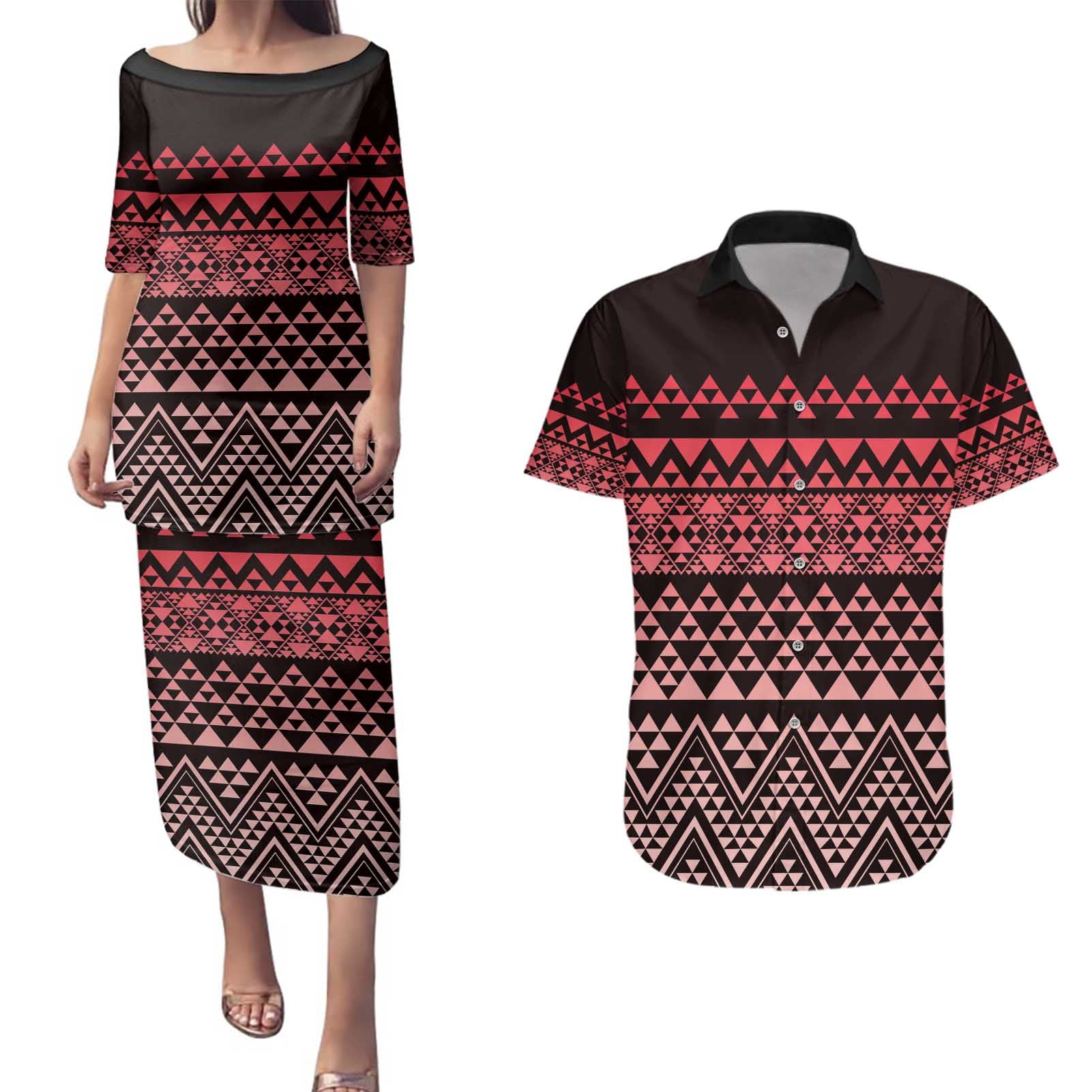 Maori Niho Taniwha Te Wheiao Couples Matching Puletasi and Hawaiian Shirt Terracotta - Polynesian Pride