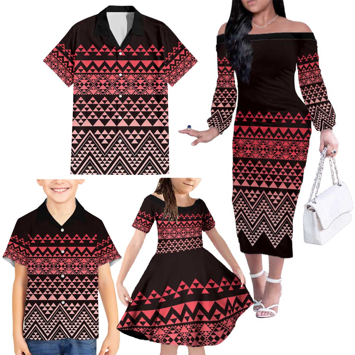 Maori Niho Taniwha Te Wheiao Family Matching Off The Shoulder Long Sleeve Dress and Hawaiian Shirt Terracotta - Polynesian Pride