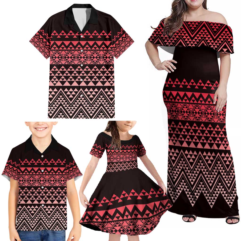 Maori Niho Taniwha Te Wheiao Family Matching Off Shoulder Maxi Dress and Hawaiian Shirt Terracotta - Polynesian Pride