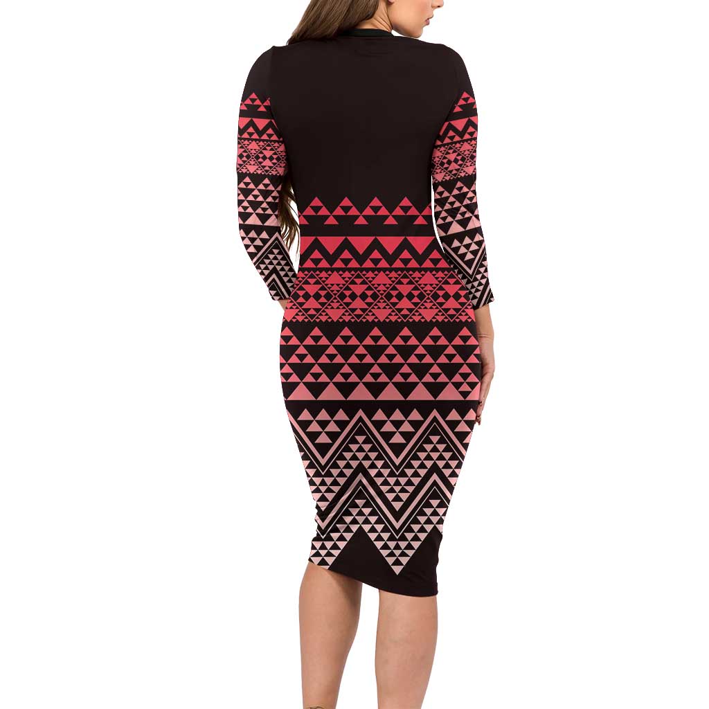 Maori Niho Taniwha Te Wheiao Long Sleeve Bodycon Dress Terracotta - Polynesian Pride