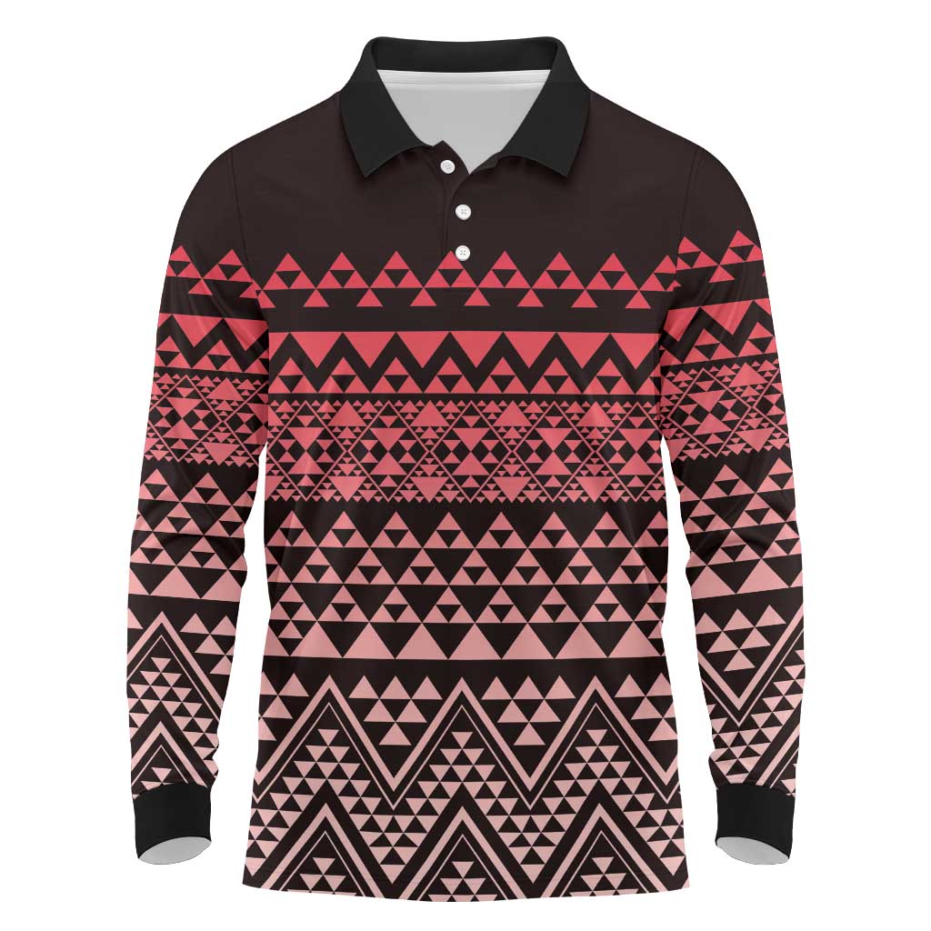 Maori Niho Taniwha Te Wheiao Long Sleeve Polo Shirt Terracotta - Polynesian Pride