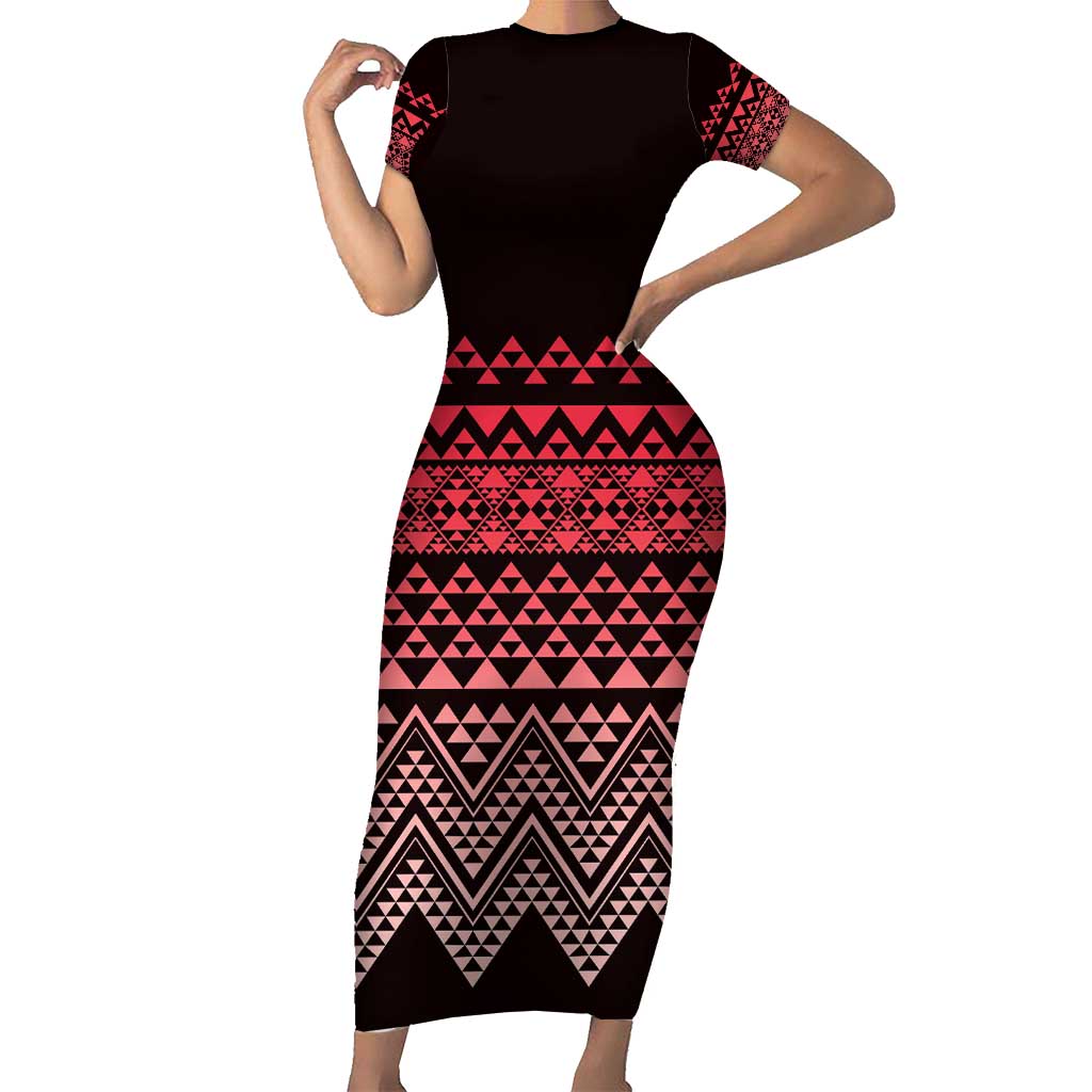 Maori Niho Taniwha Te Wheiao Short Sleeve Bodycon Dress Terracotta - Polynesian Pride