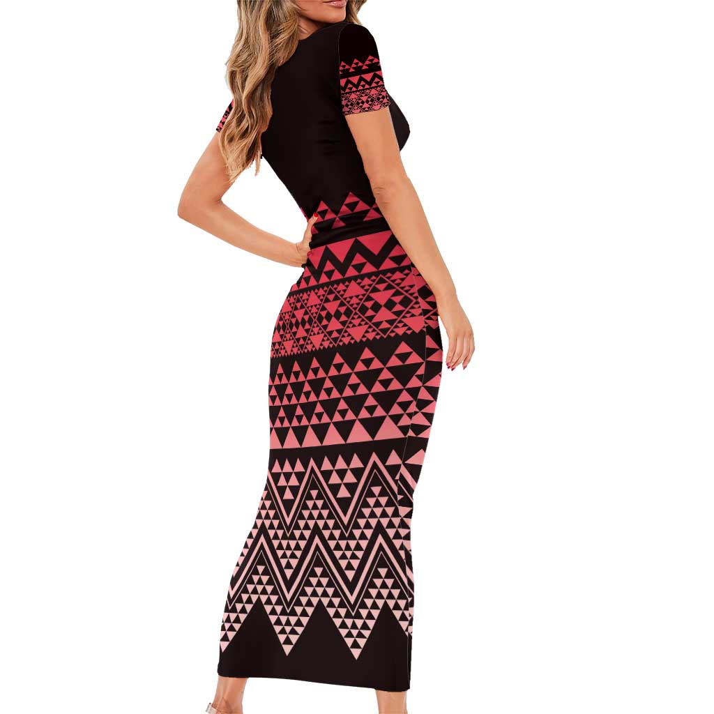 Maori Niho Taniwha Te Wheiao Short Sleeve Bodycon Dress Terracotta LT7 - Polynesian Pride