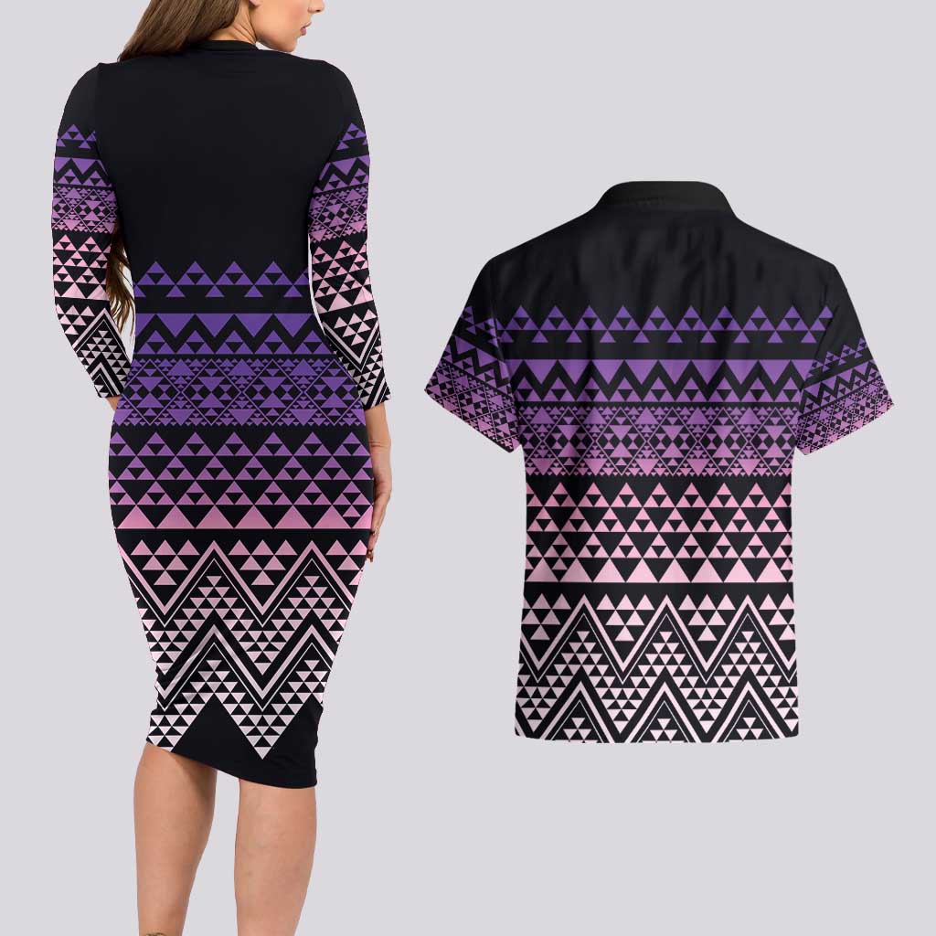 Maori Niho Taniwha Te Wheiao Couples Matching Long Sleeve Bodycon Dress and Hawaiian Shirt Waiporoporo - Polynesian Pride