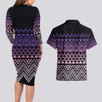 Maori Niho Taniwha Te Wheiao Couples Matching Long Sleeve Bodycon Dress and Hawaiian Shirt Waiporoporo - Polynesian Pride