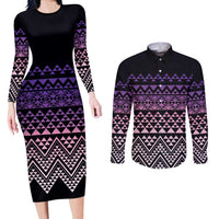 Maori Niho Taniwha Te Wheiao Couples Matching Long Sleeve Bodycon Dress and Long Sleeve Button Shirt Waiporoporo - Polynesian Pride