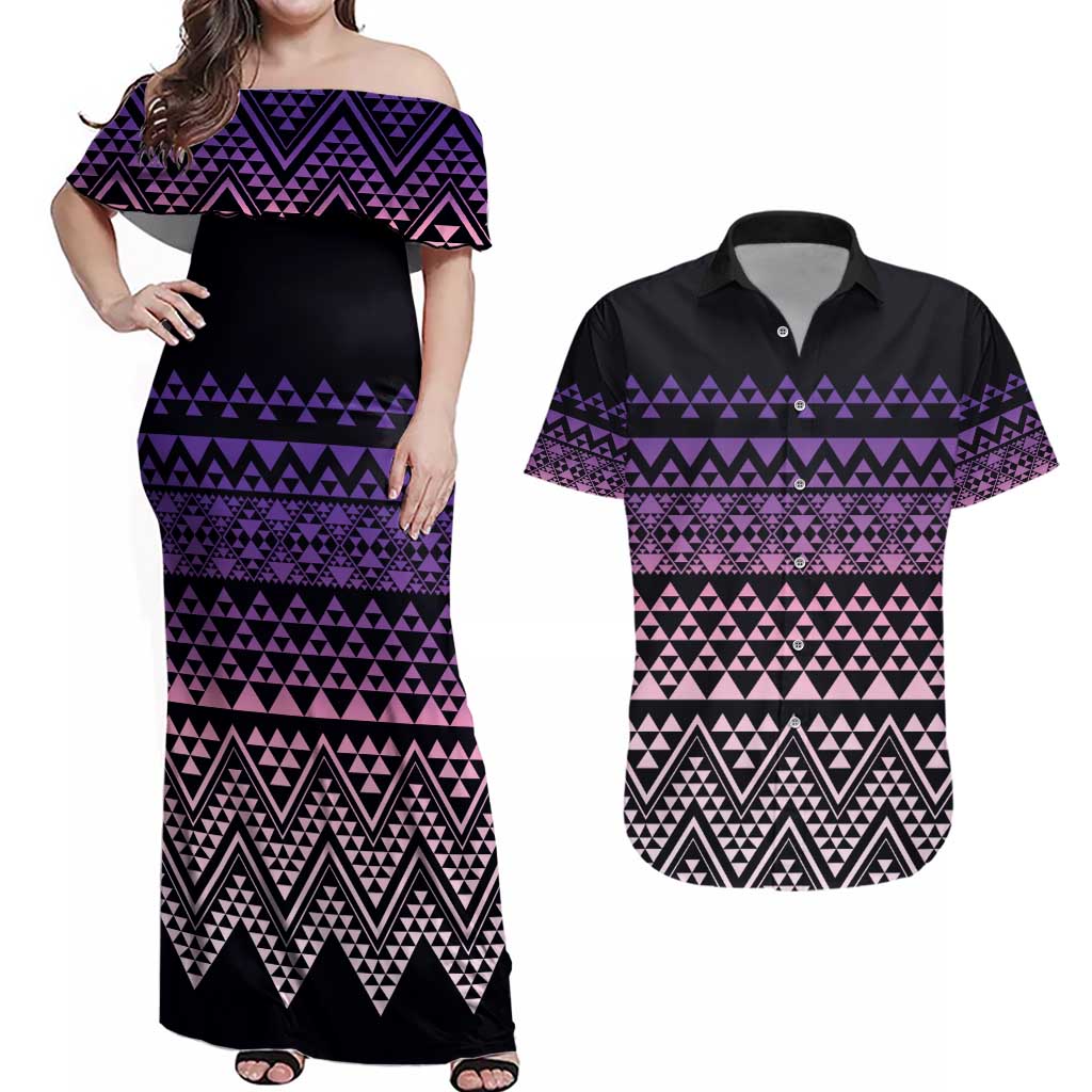 Maori Niho Taniwha Te Wheiao Couples Matching Off Shoulder Maxi Dress and Hawaiian Shirt Waiporoporo - Polynesian Pride