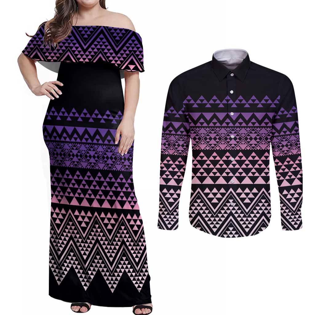 Maori Niho Taniwha Te Wheiao Couples Matching Off Shoulder Maxi Dress and Long Sleeve Button Shirt Waiporoporo - Polynesian Pride