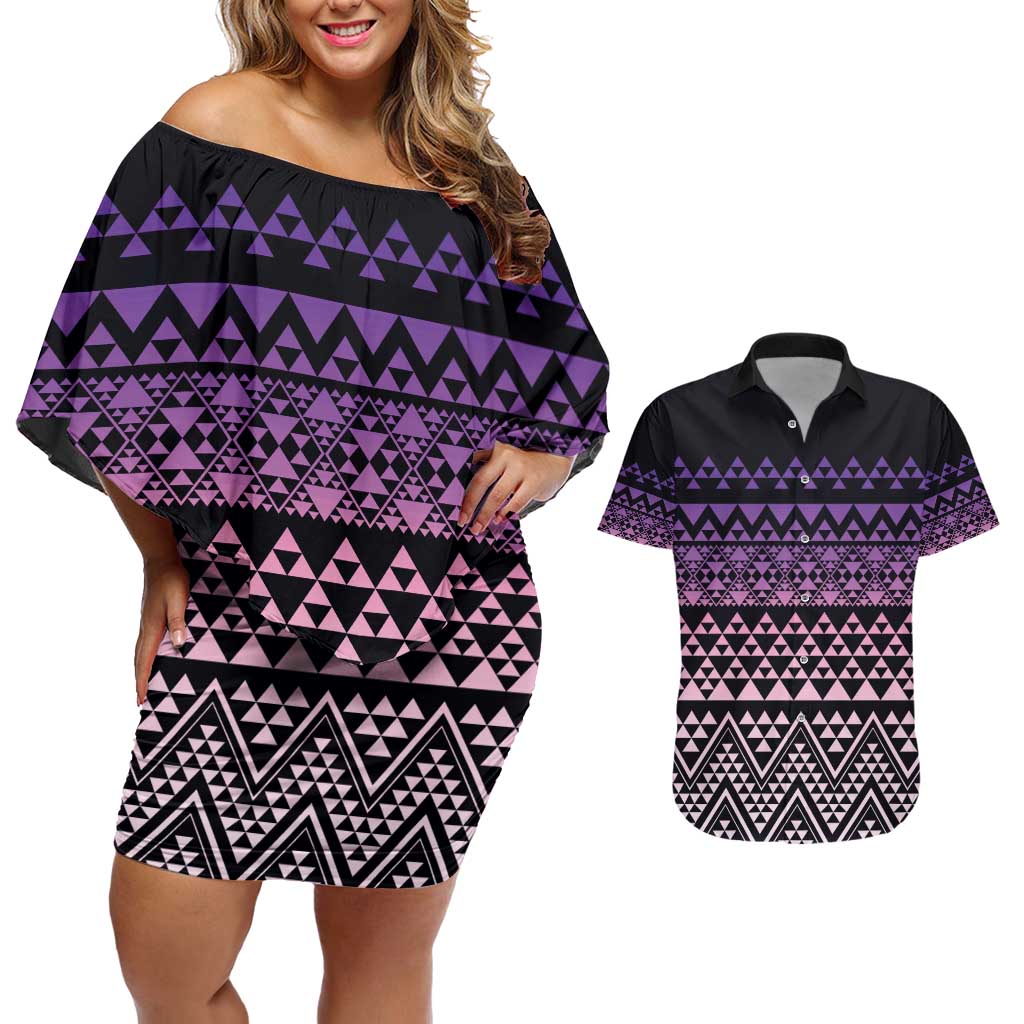 Maori Niho Taniwha Te Wheiao Couples Matching Off Shoulder Short Dress and Hawaiian Shirt Waiporoporo - Polynesian Pride
