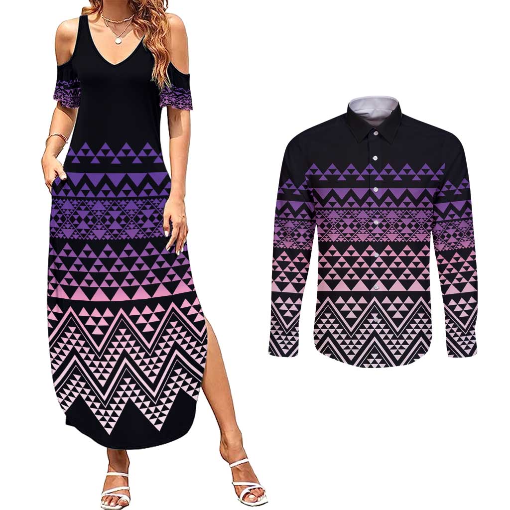 Maori Niho Taniwha Te Wheiao Couples Matching Summer Maxi Dress and Long Sleeve Button Shirt Waiporoporo - Polynesian Pride