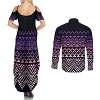 Maori Niho Taniwha Te Wheiao Couples Matching Summer Maxi Dress and Long Sleeve Button Shirt Waiporoporo - Polynesian Pride