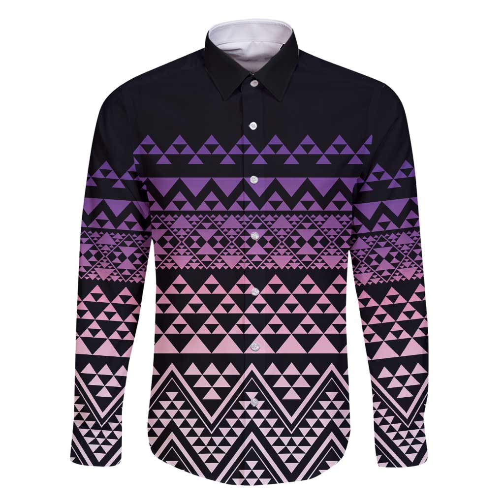 Maori Niho Taniwha Te Wheiao Family Matching Mermaid Dress and Hawaiian Shirt Waiporoporo LT7 Dad's Shirt - Long Sleeve Purple - Polynesian Pride