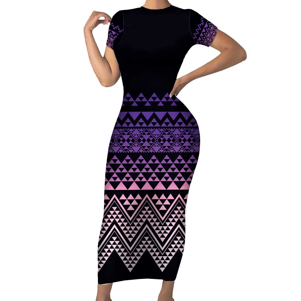 Maori Niho Taniwha Te Wheiao Short Sleeve Bodycon Dress Waiporoporo LT7 Long Dress Purple - Polynesian Pride