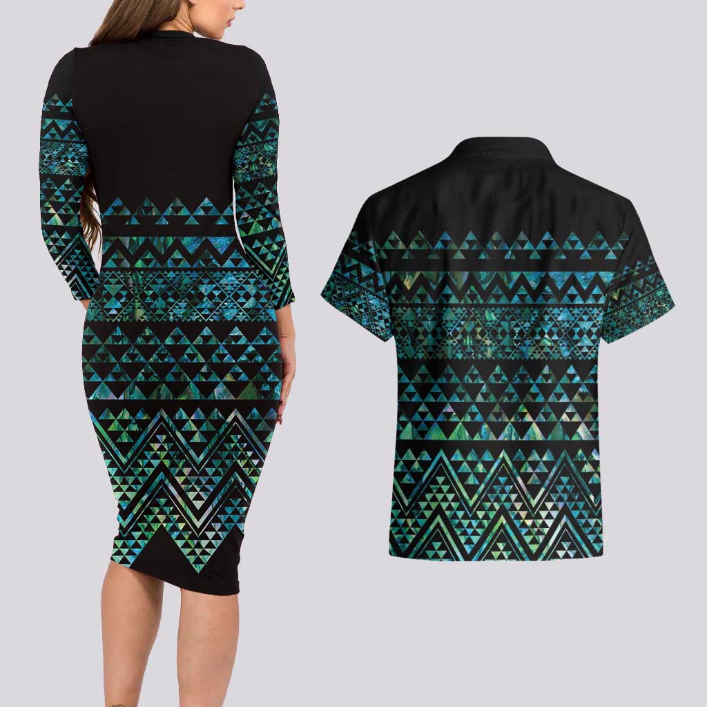 Maori Niho Taniwha Te Wheiao Couples Matching Long Sleeve Bodycon Dress and Hawaiian Shirt Paua Shell - Polynesian Pride