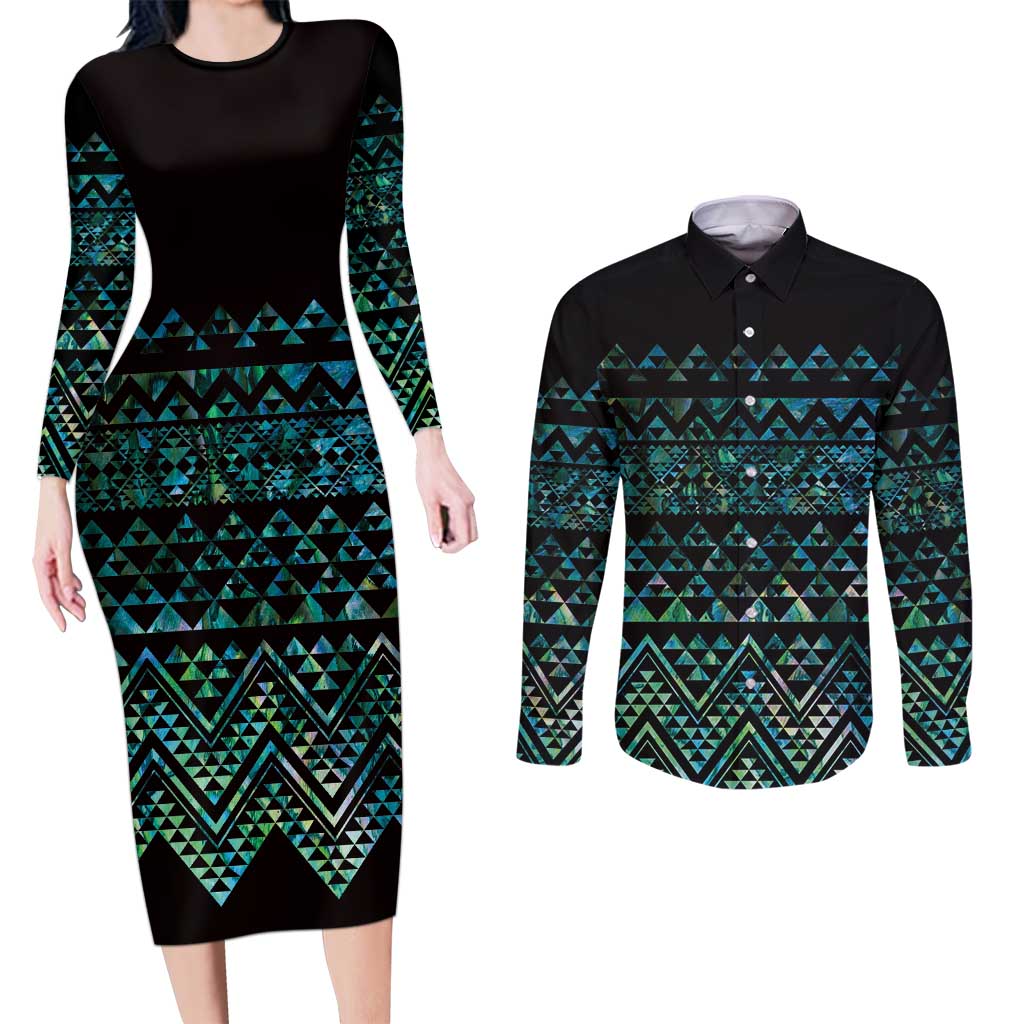 Maori Niho Taniwha Te Wheiao Couples Matching Long Sleeve Bodycon Dress and Long Sleeve Button Shirt Paua Shell - Polynesian Pride