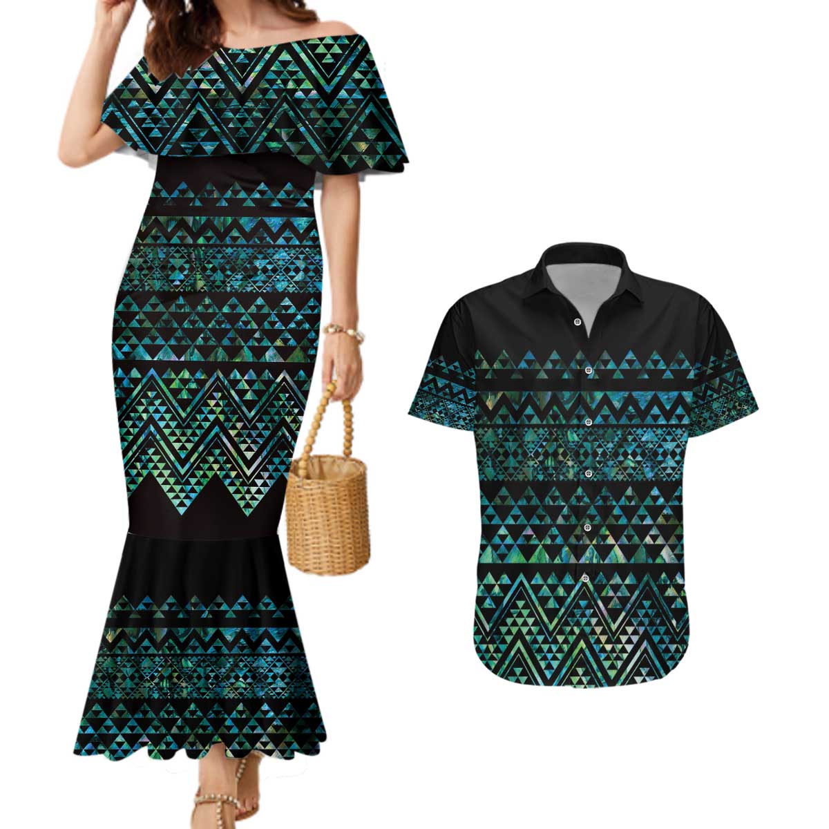 Maori Niho Taniwha Te Wheiao Couples Matching Mermaid Dress and Hawaiian Shirt Paua Shell - Polynesian Pride