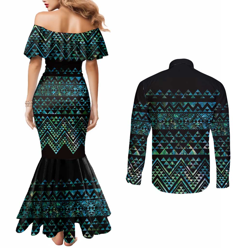 Maori Niho Taniwha Te Wheiao Couples Matching Mermaid Dress and Long Sleeve Button Shirt Paua Shell - Polynesian Pride