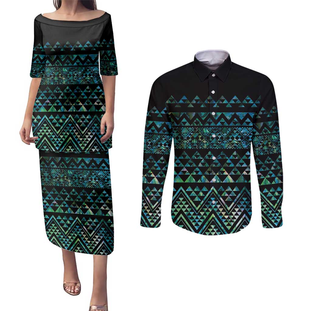 Maori Niho Taniwha Te Wheiao Couples Matching Puletasi and Long Sleeve Button Shirt Paua Shell - Polynesian Pride