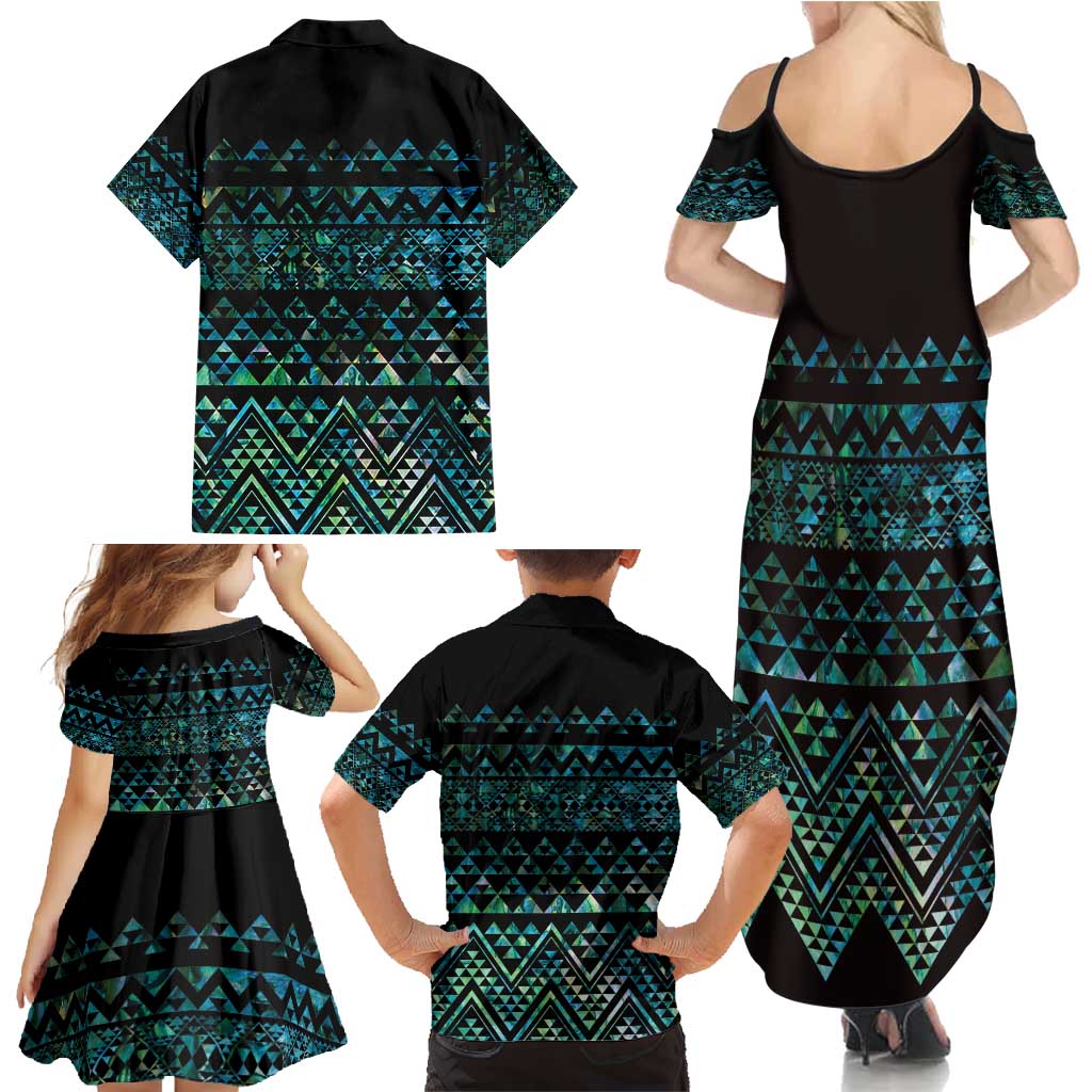 Maori Niho Taniwha Te Wheiao Family Matching Summer Maxi Dress and Hawaiian Shirt Paua Shell - Polynesian Pride
