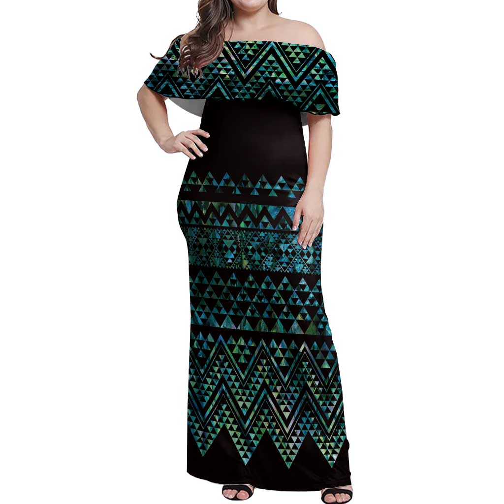 Maori Niho Taniwha Te Wheiao Off Shoulder Maxi Dress Paua Shell - Polynesian Pride