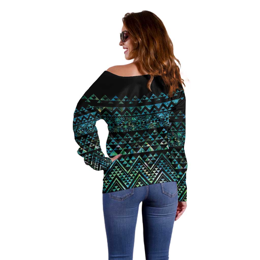 Maori Niho Taniwha Te Wheiao Off Shoulder Sweater Paua Shell - Polynesian Pride