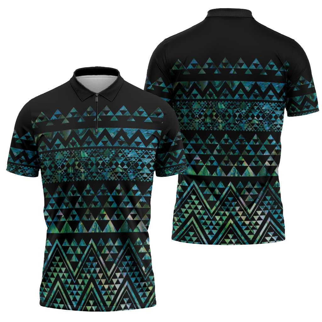 Maori Niho Taniwha Te Wheiao Zipper Polo Shirt Paua Shell - Polynesian Pride