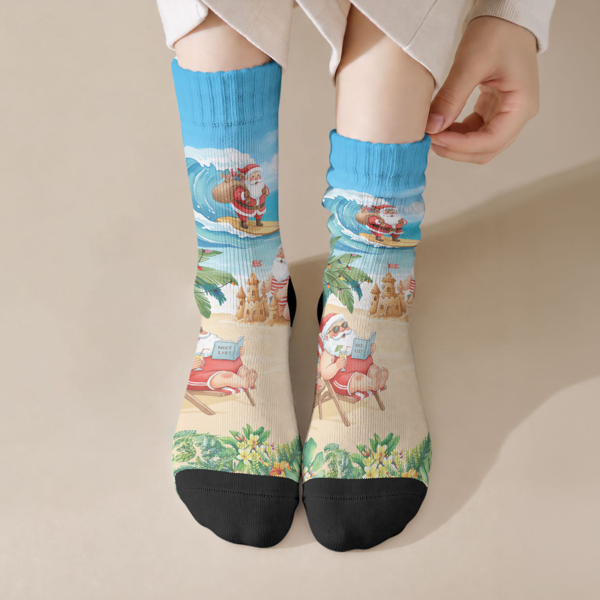Tropical Christmas Funny Santa Crew Socks Beach Vacation LT7 Crew Socks Multicolor - Polynesian Pride