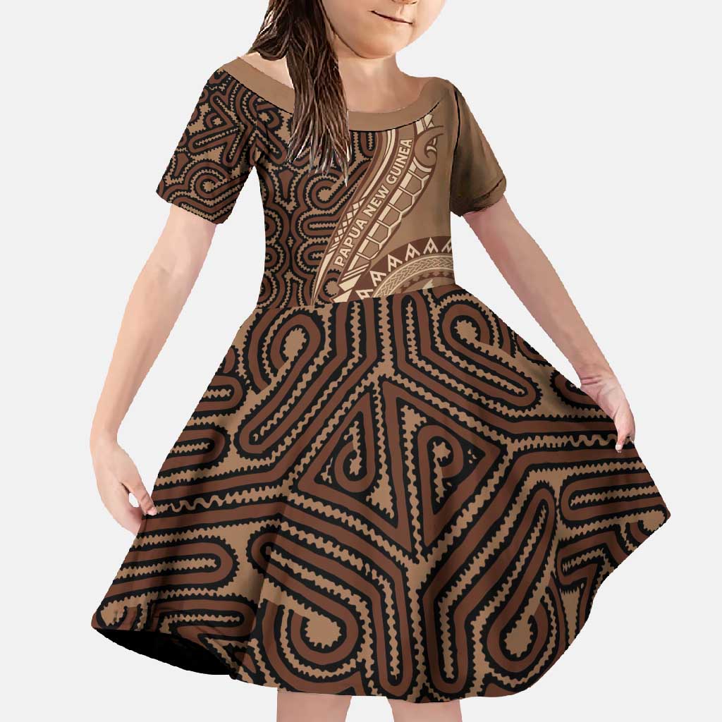 Papua New Guinea Oro Tapa Motif Family Matching Long Sleeve Bodycon Dress and Hawaiian Shirt Classic LT7 Daughter's Dress Brown - Polynesian Pride
