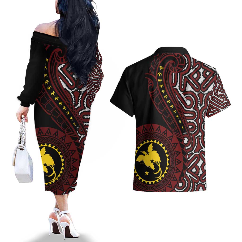 Papua New Guinea Oro Tapa Motif Couples Matching Off The Shoulder Long Sleeve Dress and Hawaiian Shirt Special