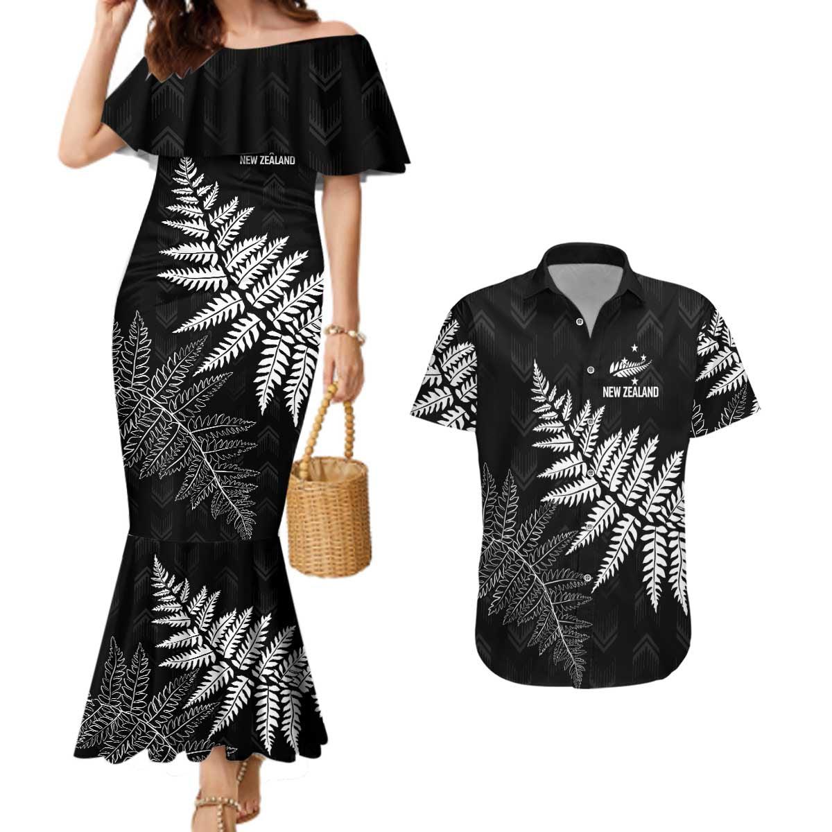 New Zealand Lawn Bowls Personalized Couples Matching Mermaid Dress and Hawaiian Shirt Wrap-Around Silver Fern LT7 Black - Polynesian Pride