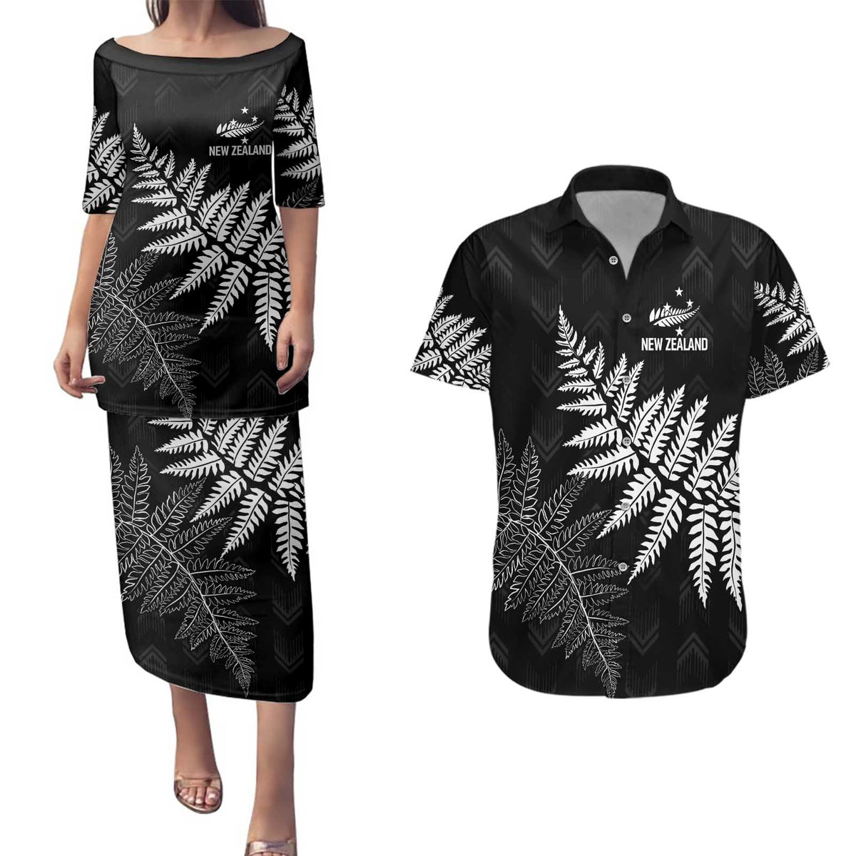 New Zealand Lawn Bowls Personalized Couples Matching Puletasi and Hawaiian Shirt Wrap-Around Silver Fern - Polynesian Pride