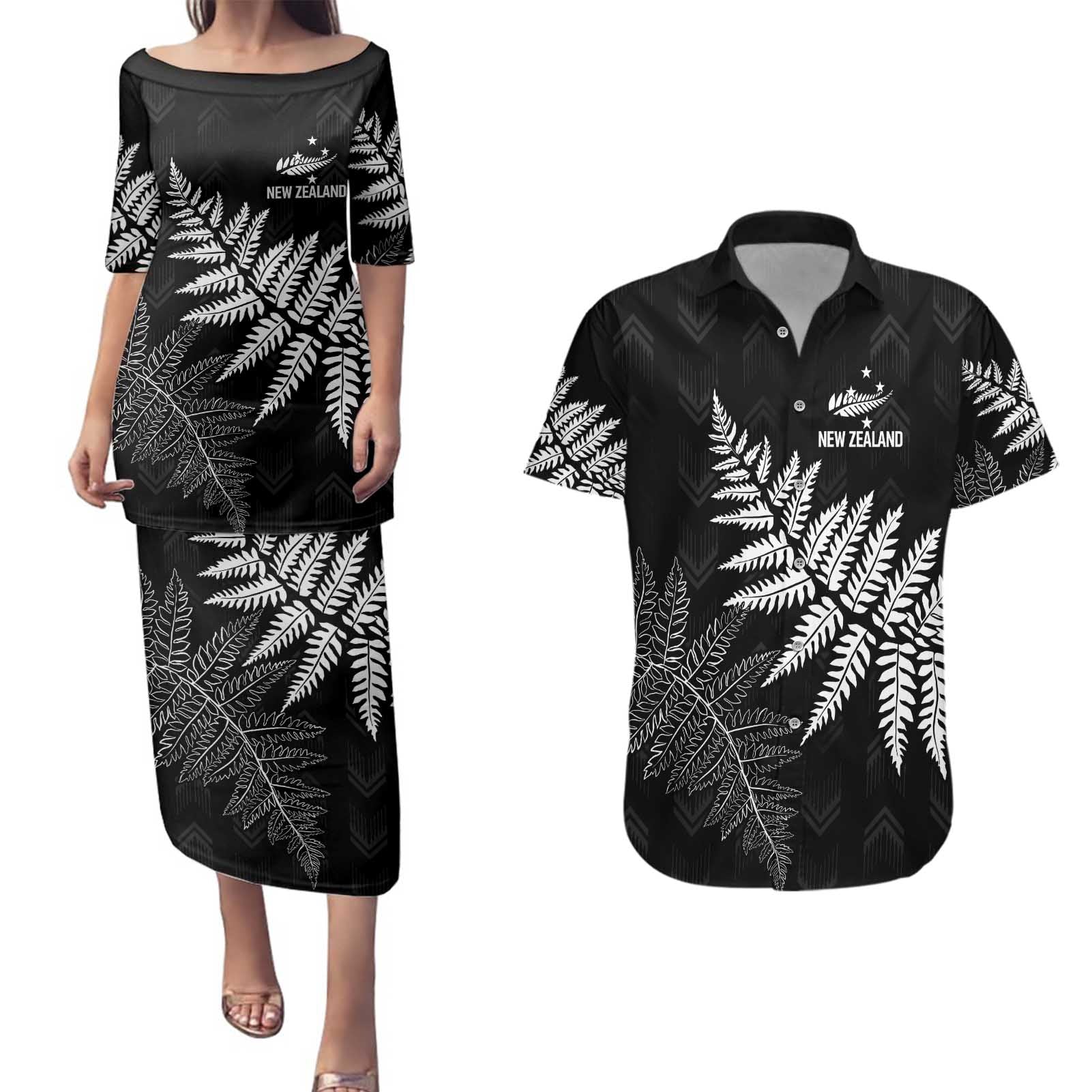 New Zealand Lawn Bowls Personalized Couples Matching Puletasi and Hawaiian Shirt Wrap-Around Silver Fern - Polynesian Pride