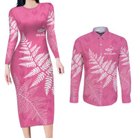 New Zealand Lawn Bowls Breast Cancer Personalized Couples Matching Long Sleeve Bodycon Dress and Long Sleeve Button Shirt Wrap-Around Silver Fern - Polynesian Pride
