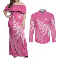 New Zealand Lawn Bowls Breast Cancer Personalized Couples Matching Off Shoulder Maxi Dress and Long Sleeve Button Shirt Wrap-Around Silver Fern - Polynesian Pride